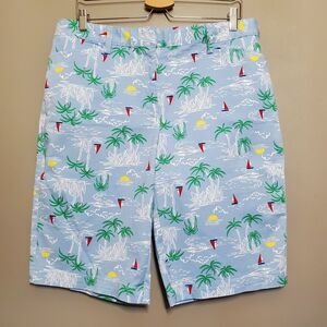 Lands' End Mid Rise Shorts Womens Size 14 Blue Sailboat Palm Trees Stretch